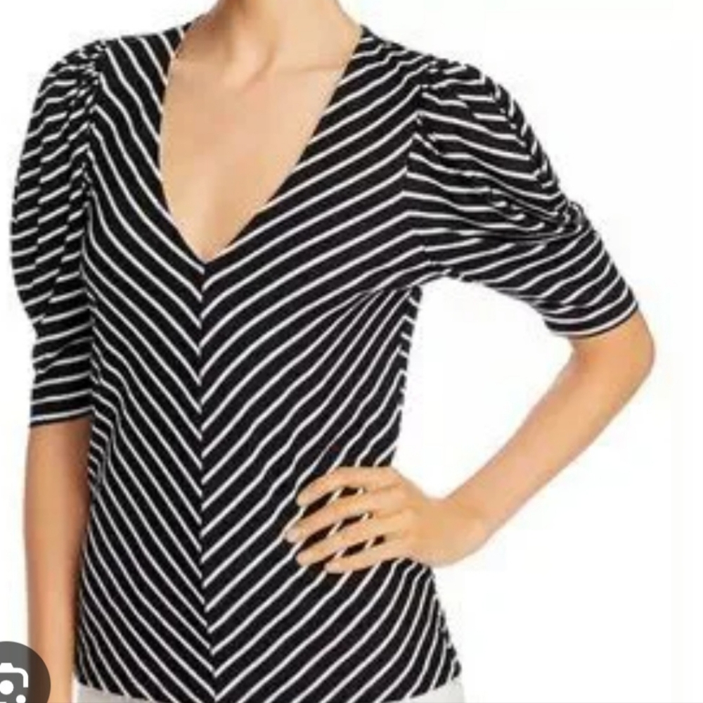 Frame Denim Black & White Shirred Chevron V-Neck Puff Sleeve Blouse, Sz L - Picture 4 of 7